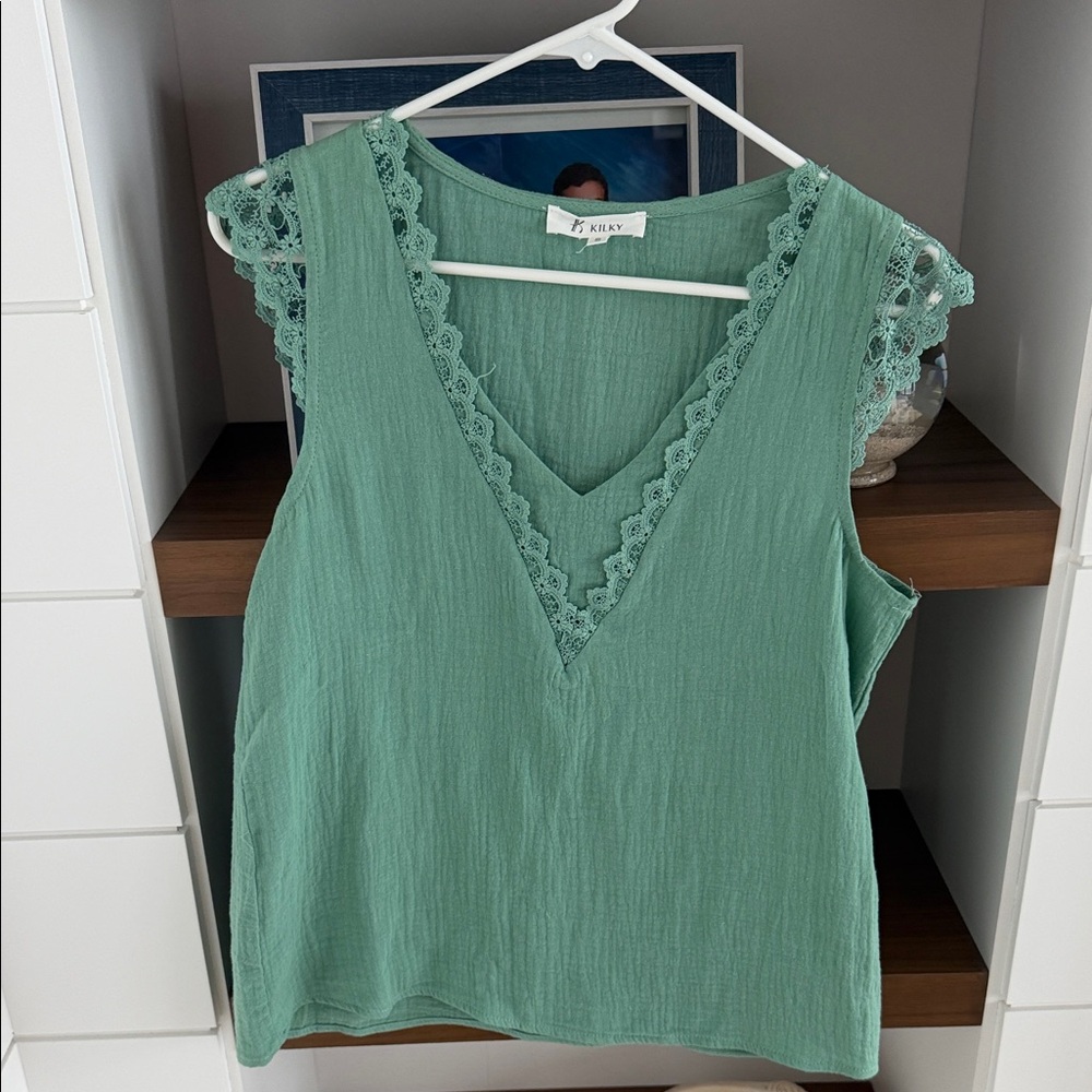 Kilky Teal Sleeveless Top with Lace Detail